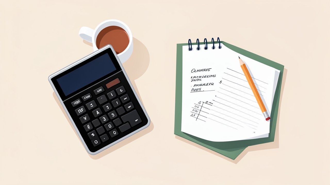 A clean, modern workspace with a calculator, a cup of coffee, and a notepad with financial charts, symbolizing loan payment calculation.