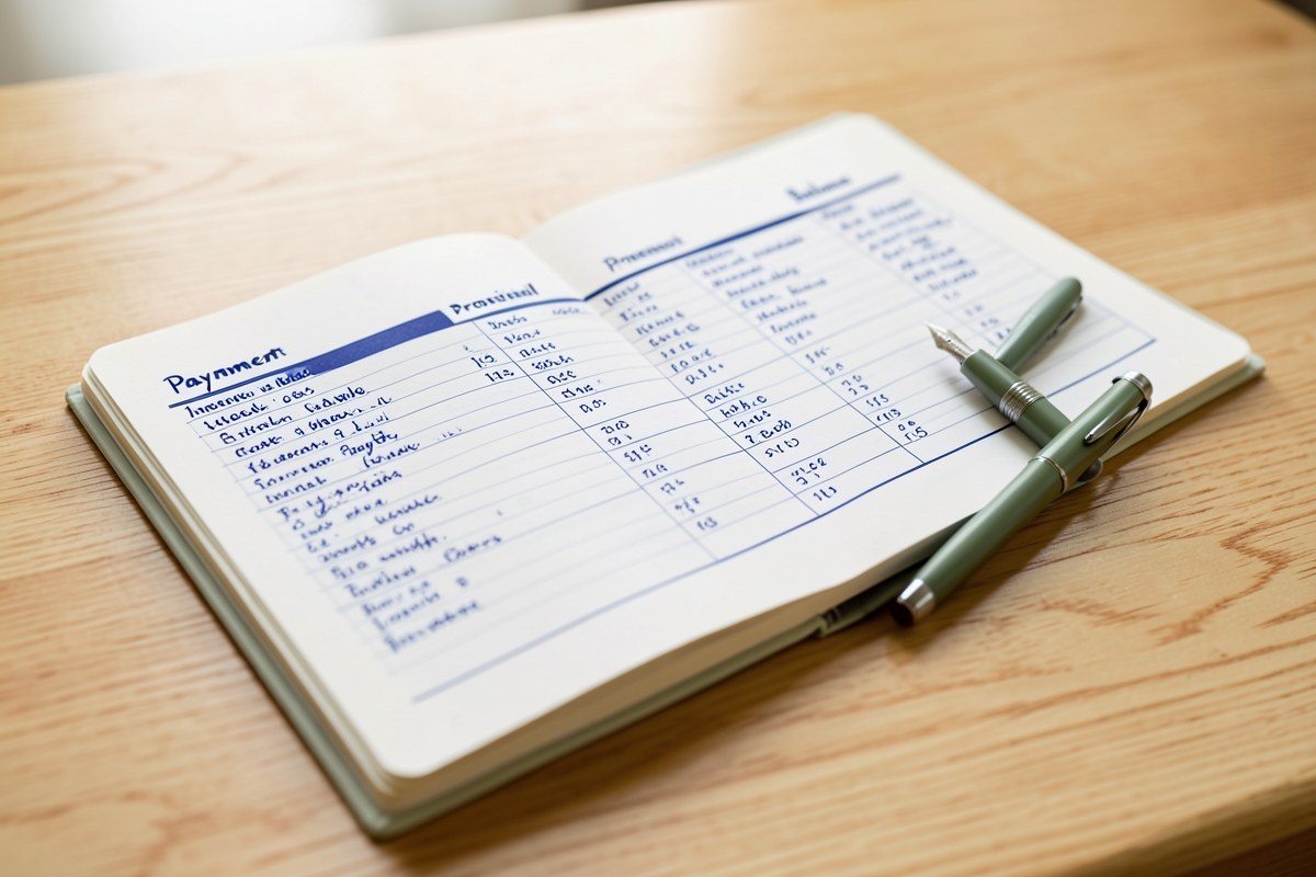 An open notebook page showing a handwritten amortization schedule table with columns for payment, interest, principal, and balance.