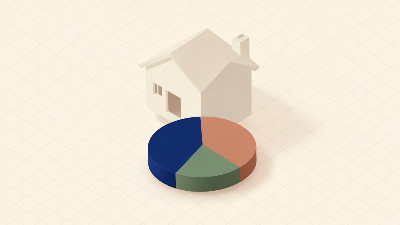 An illustration of a house silhouette with a large pie chart in front, representing income and debt allocation for affordability.