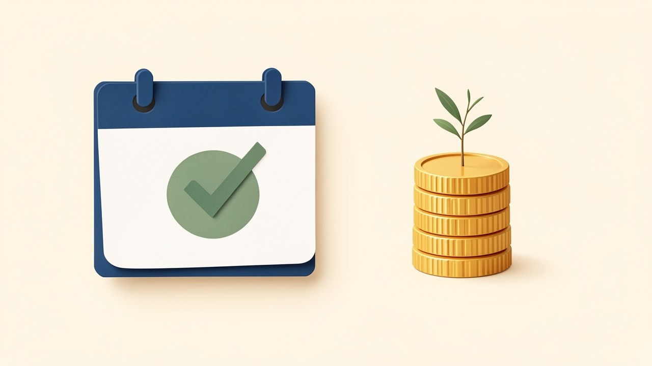An abstract illustration of a calendar with a checkmark and coins, symbolizing accelerating loan payoff and savings.