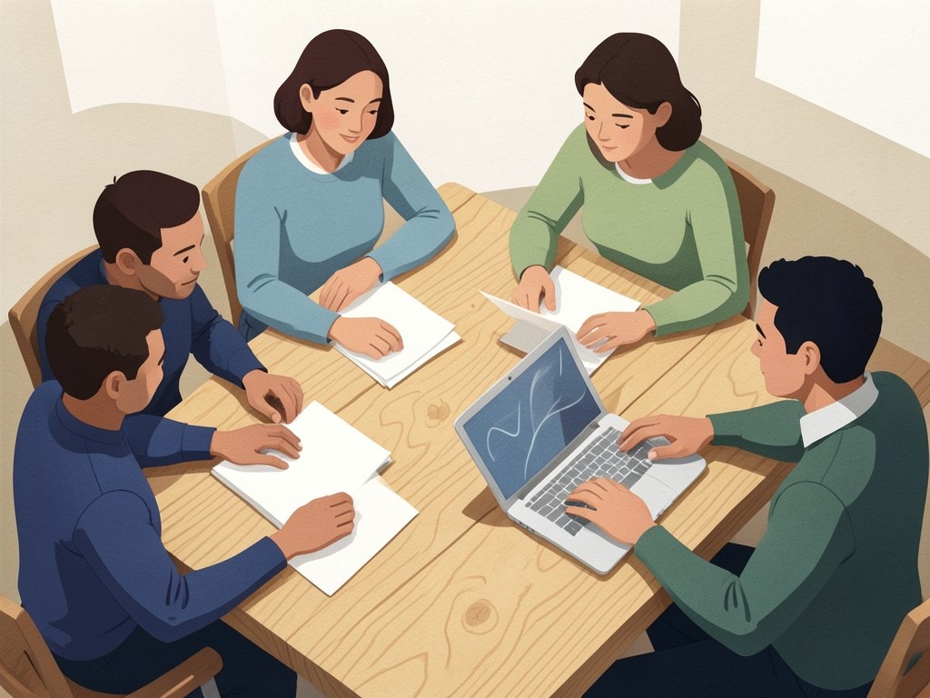 A warm illustration of a friendly team of diverse people working together on a table with documents and a laptop, symbolizing the editorial team.