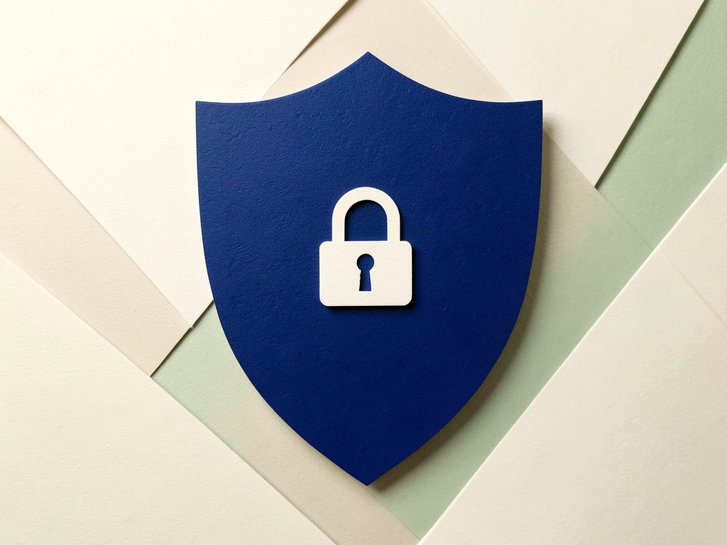 An illustration of a shield with a lock and a small key, symbolizing data protection and privacy.