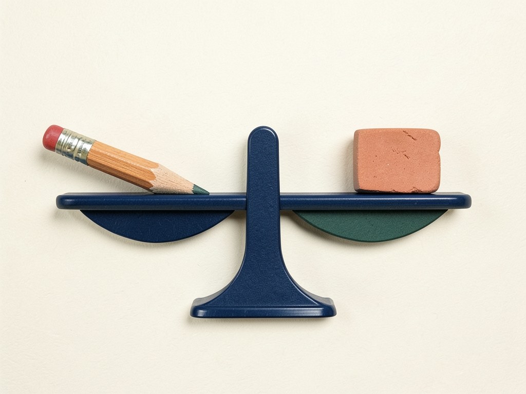 An illustration of a balanced scale with a pencil and eraser, symbolizing terms and fairness.