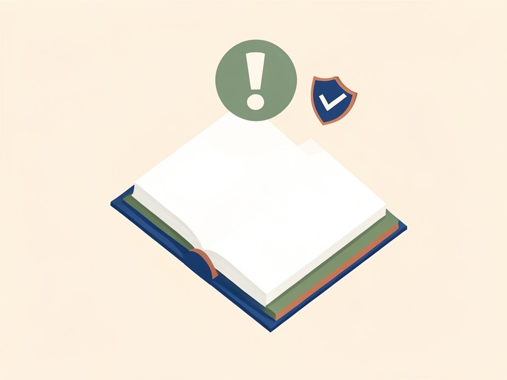 An illustration of an open book with an exclamation mark symbol and a small shield, symbolizing important information and caution.