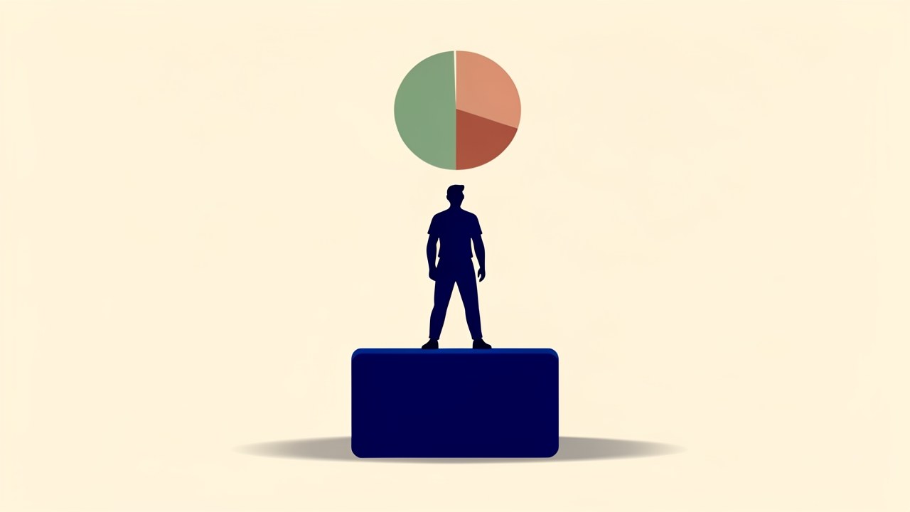 An illustration of a person standing on a scale with a pie chart icon, symbolizing the debt-to-income ratio calculation.