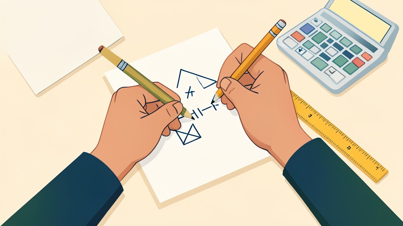 A hands-on illustration of a person's hands writing a formula on paper with a calculator nearby, symbolizing manual calculation.
