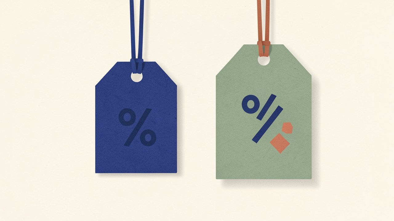 An illustration of two tags, one labeled with a percent symbol and the other with a larger tag including fees, symbolizing interest rate and APR comparison.